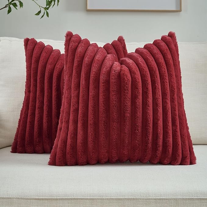 FUTEI Burgundy Striped Decorative Throw Pillow Covers 20x20 Inch Set of 2,Wine Red Square Winter Decorations Couch Pillow Case,Soft Cozy Faux Rabbit Fur & Velvet Back,Modern Home Decor for Bed