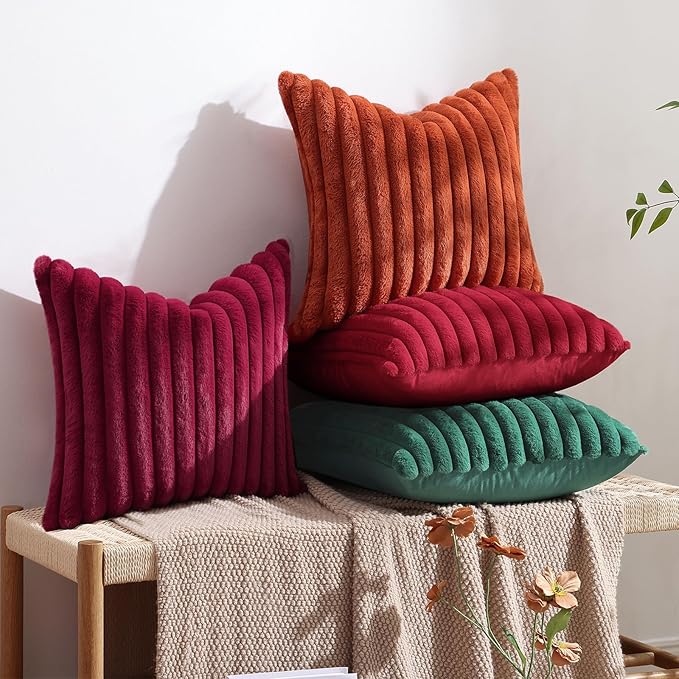 decorUhome Faux Fur Christmas Throw Pillow Covers 12x20 Set of 2, Decorative Soft Plush Striped Lumbar Neutral Couch Euro Pillow Covers with Velvet Back for Sofa, Bed, Living Room Home Decor, Burgundy