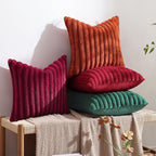 decorUhome Faux Fur Christmas Throw Pillow Covers 18x18 Set of 2, Decorative Soft Plush Striped Neutral Couch Euro Pillow Covers with Velvet Back for Sofa, Bed, Living Room Home Decor, Red