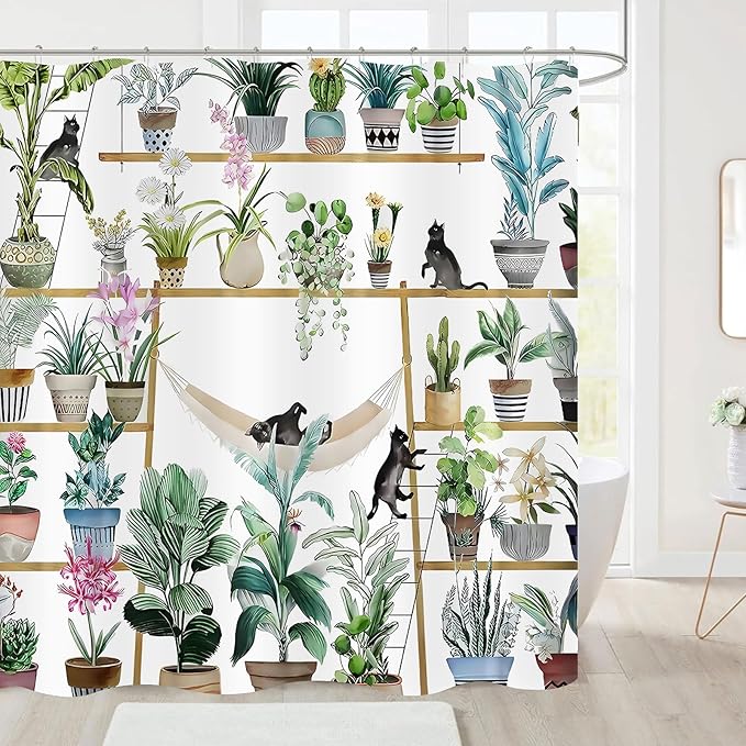 Green Potted Plant Shower Curtain Cactus Leaf Floral Black Cat Shower Curtains for Bathroom Waterproof Polyester Fabric Bathroom Curtain 72 x 72 Inch with 12 Plastic Hooks