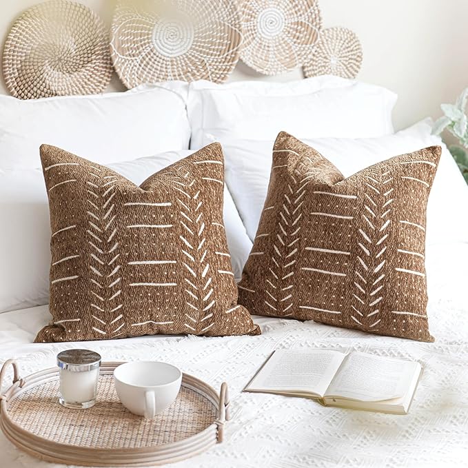 BlissBlush Fall Brown Decorative Throw Pillow Covers 22X22, Set of 2, Boho Farmhouse Cushion Cover, Cozy Soft Accent Pillowcase for Couch Sofa Bed Living Room Home Décor