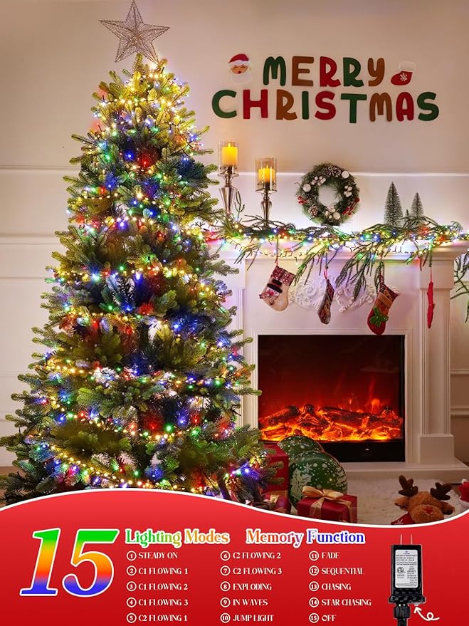 800 LED Christmas Slow Twinkle Cluster Lights, Firecracker Fairy Lights Plug in with 15 Modes & Timer Function, 33FT Waterproof String Lights for Indoor Outdoor Tree Christmas Decorations, Multicolor