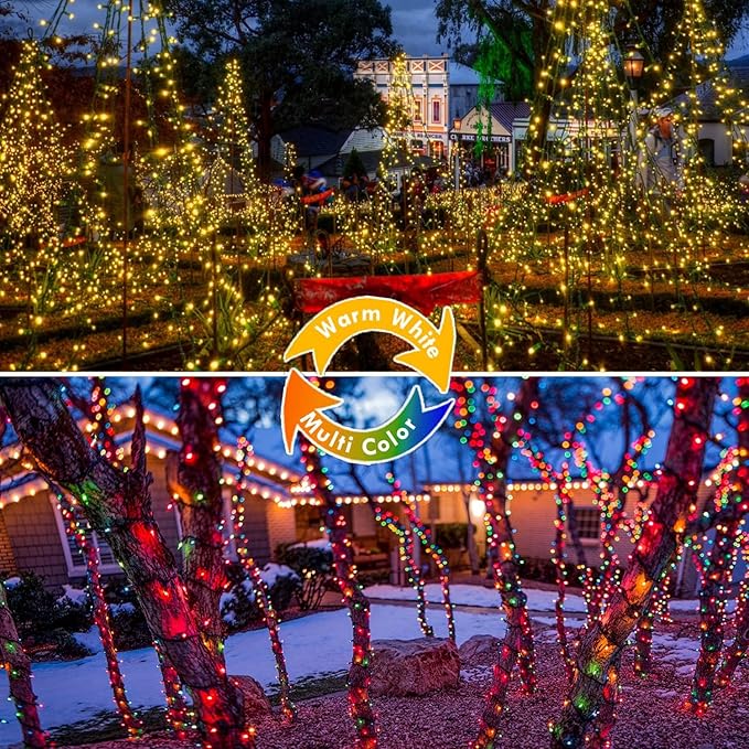 2 Pack Warm White to Multicolor Christmas Lights Indoor Outdoor, Super Bright 66FT 200 LED String Lights Waterproof, Twinkle Xmas Light with Timer for Bedroom Party Christmas Tree Decorations