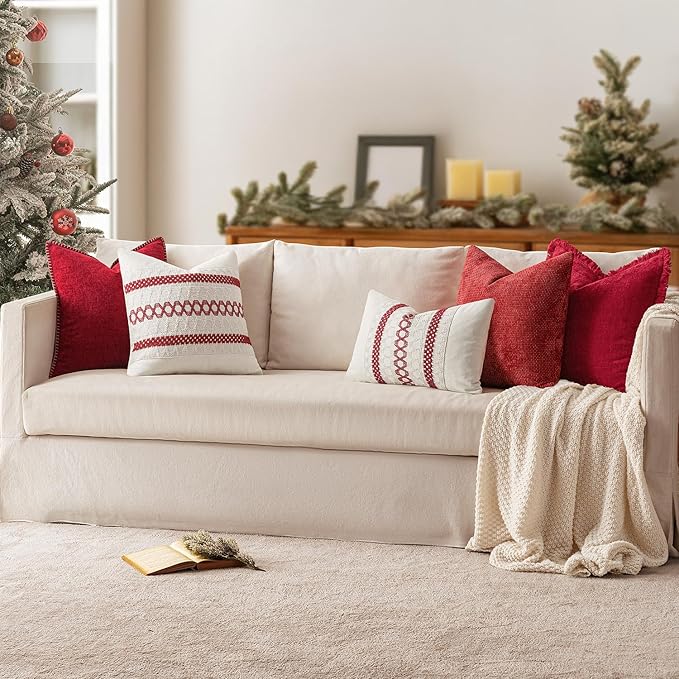 MIULEE Pack of 2 Christmas Red Couch Throw Pillow Covers 18x18 Inch Modern Boho Accent Decorative Pillow Covers Soft Chenille Farmhouse Cushion Covers for Home Decor Bed Sofa Living Room