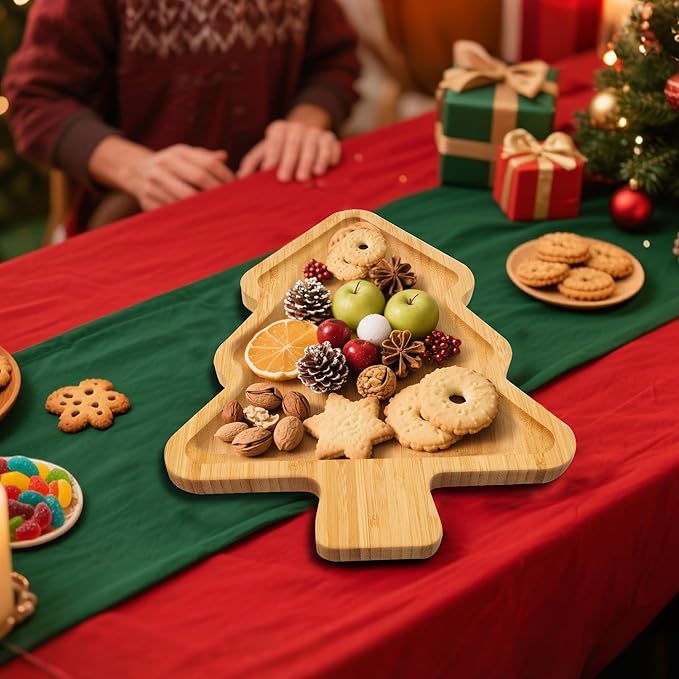 TJ POP Christmas Tree Serving Platter | Decorative Bamboo Serving Tray for Cheese, Cookies, Dessert | 12 x 9 Inches | Natural Wood Candy Snack Board Cute Charcuterie Board | Holiday Kitchen Decor