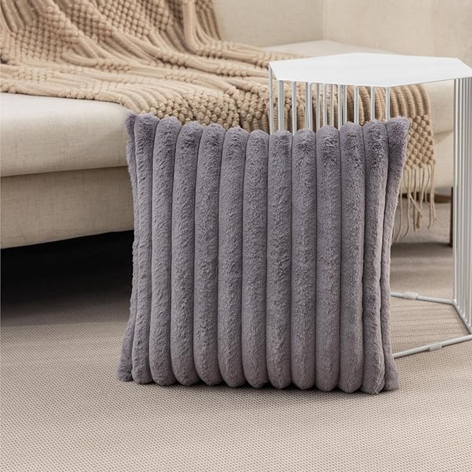 ZLINA Set of 2 Dark Grey Faux Fur Decorative Throw Pillow Covers Fluffy Striped Pillowcase Cushion Covers 20 x20 Inch Decor Sofa Couch Bedroom