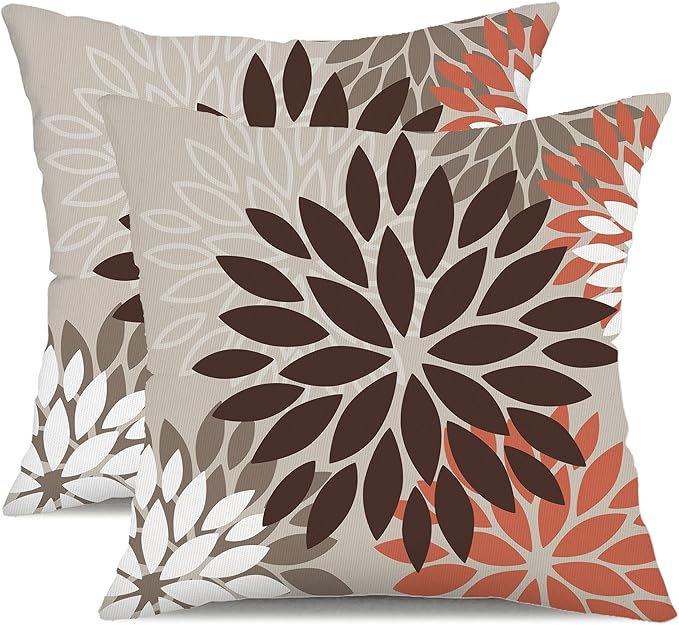 DFXSZ Brown Red Orange Pillow Covers 20x20 Inch Set of 2 Flower Throw Pillows Outdoor Waterproof Decor for Living Room Couch Patio Funiture Garden Modern Floral Polyester Pillow Covers 002A20