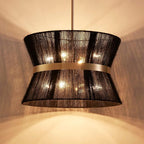 Shrine Lighting Black Boho Chandelier, Modern Design, Boho Drum Pendnat Light for Dining Room, D18'' x H12'', Adjustable 47'', E12*8 Sockets, Black Rope Lampshade&French Gold Finish Frame