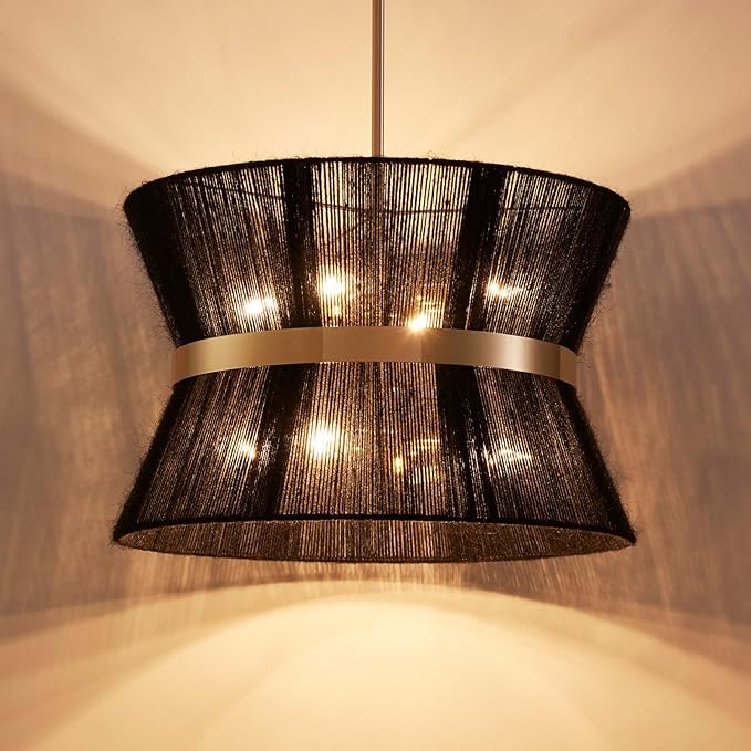 Shrine Lighting Black Boho Chandelier, Modern Design, Boho Drum Pendnat Light for Dining Room, D18'' x H12'', Adjustable 47'', E12*8 Sockets, Black Rope Lampshade&French Gold Finish Frame