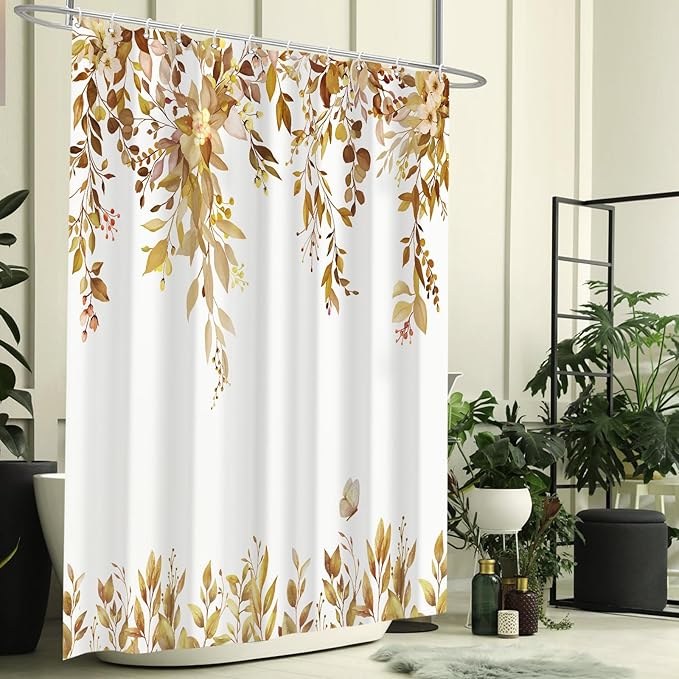 Eucalyptus Shower Curtain, Brown Watercolor Leaves with Floral Botanical Bathroom Decor, Waterproof Fabric Bath Curtain Set with Hooks, 72x78 Inches