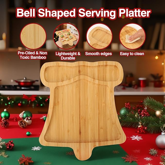 Christmas Serving Tray, Bell Shape Charcuterie Board, Bamboo Serving Platter Dish for Holiday Party Food Tray for Cheese Snack Fruit 10 x 8.7 x 0.6 Inches