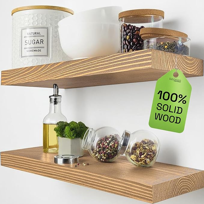BAOBAB WORKSHOP Natural Wood Floating Shelves for Wall 20 Inch Wide, Solid Wooden Shelf 20 In, Bathroom Shelves for Room Wall Mounted Kitchen Rustic Farmhouse, Oak Floating Shelf, 20W × 6.7D, Set of 2
