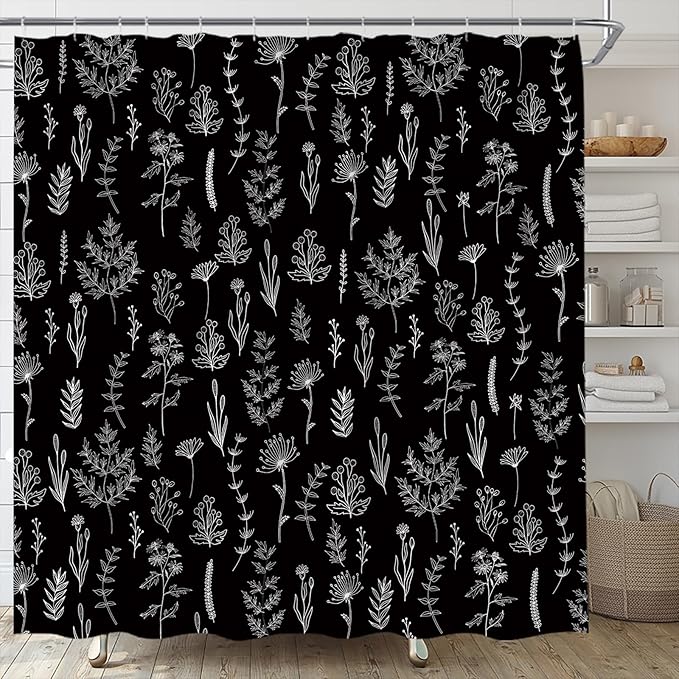 Black Floral Shower Curtain Black White Botanical Shower Curtain Boho Floral Farmhouse Cute Leaves Plant Retro Flowers Bathroom Curtain Set with Hooks(108" Wx70 H)