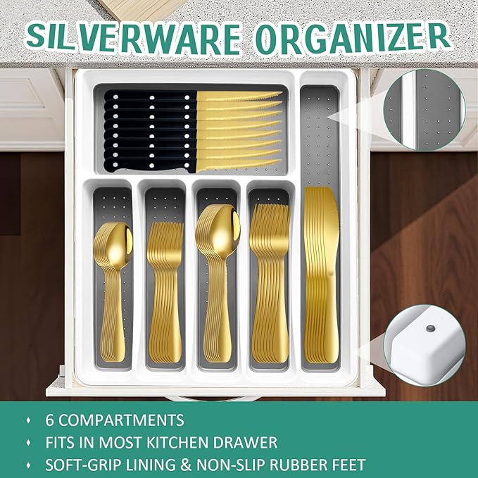 61Pcs Silverware Set with Organizer, Silver Stainless Steel Flatware Set for 10 Cutlery Utensil Sets with Steak Knives, Spoons and Forks Set, Dishwasher Safe