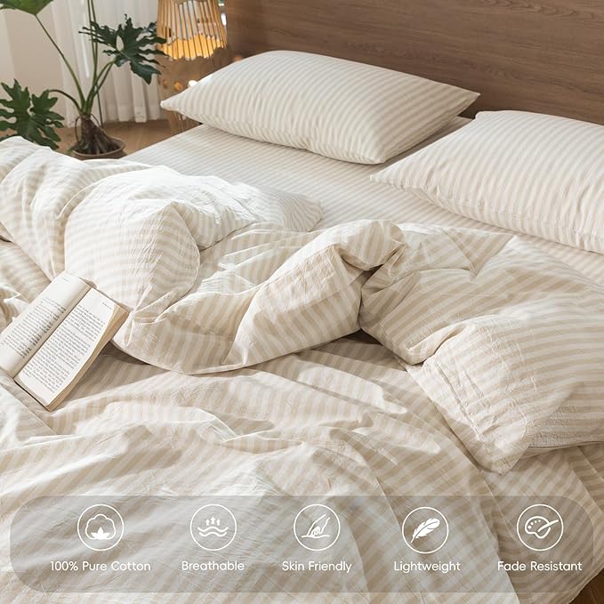 MooMee Striped Duvet Cover Set 100% Washed Cotton Linen Like Textured Breathable Durable Soft Comfy (Almond Milk Grey Classic Stripes, Alaska King 132"x120")