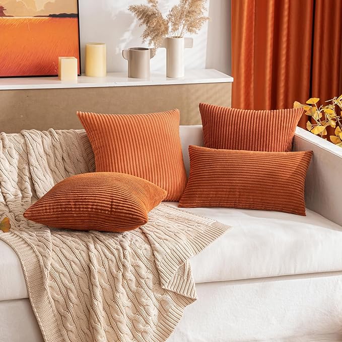 MIULEE Pack of 2 Rust Pillow Covers 12x20 Inch Soft Boho Striped Corduroy Throw Pillow Covers Set Decorative Square Cushion Cases Pillowcases for Sofa Bedroom Couch