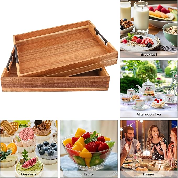 2 PCS Acacia Wood Serving Tray with Black Handles - 13 x 17 inches Premium Wooden Tray for Ottoman and Coffee Table Tray, Home Decor, Kitchen