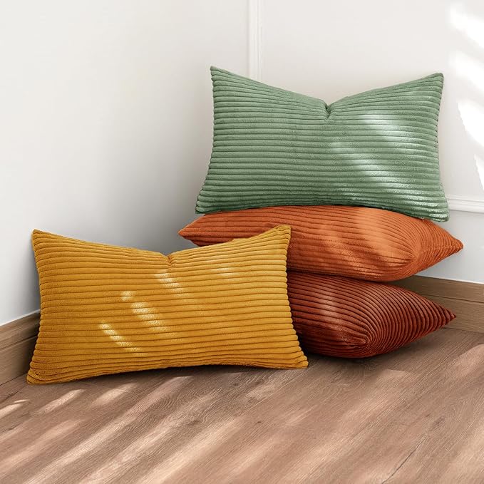MIULEE Fall Decorative Throw Pillow Covers 12x20 Inch Set of 4, Vibrant Cushion Covers Vintage Retro Home Decor, Mix and Match Color Clash Design for Sofa Couch Bed Living Room Yellow Rust Green