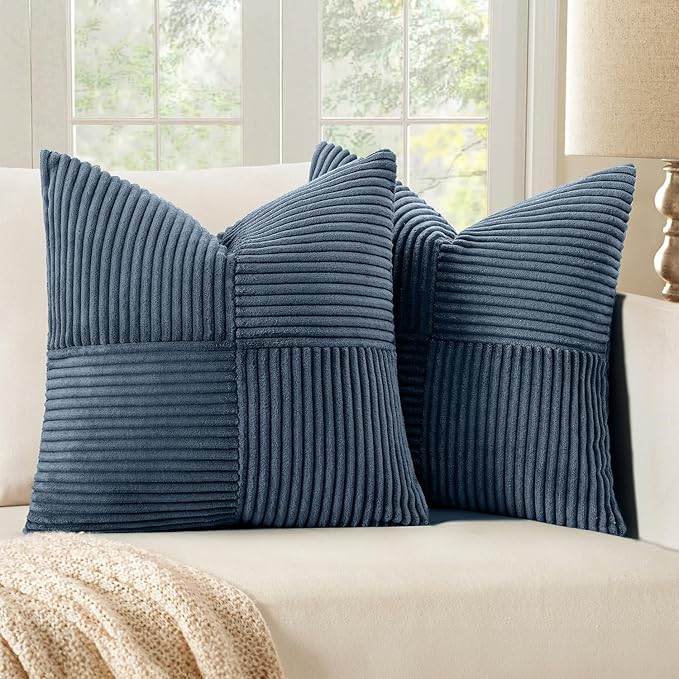 MIULEE Blue Corduroy Pillow Covers Pack of 2 Boho Decorative Spliced Throw Pillow Covers Soft Solid Couch Pillowcases Cross Patchwork Textured Cushion Covers for Living Room Bed Sofa 20x20 inch