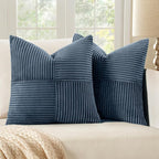 MIULEE Blue Corduroy Pillow Covers Pack of 2 Boho Decorative Spliced Throw Pillow Covers Soft Solid Couch Pillowcases Cross Patchwork Textured Cushion Covers for Living Room Bed Sofa 20x20 inch