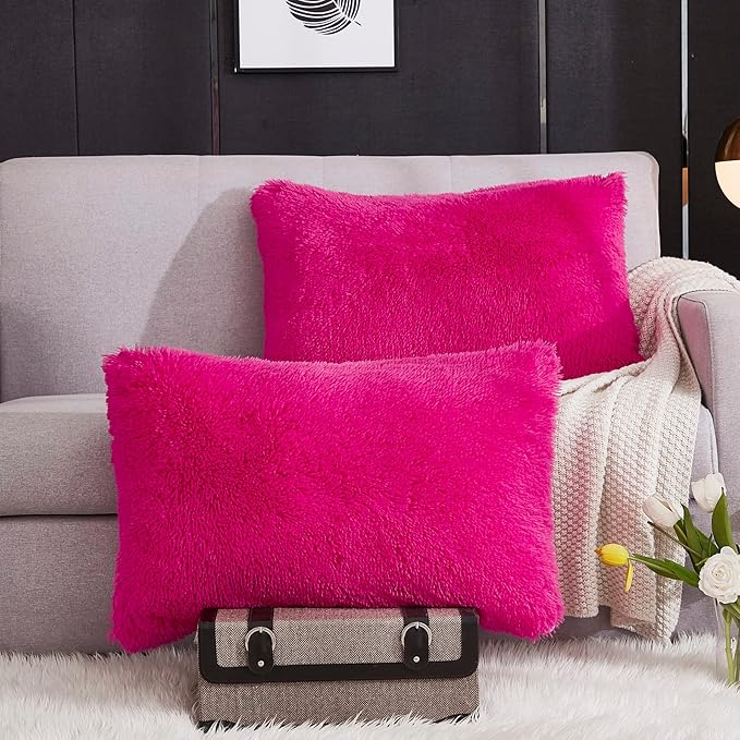 WERDIM Shaggy Fluffy Faux Fur Pillowcases 2 Pack Button Closure Velvet Pillow Shams Standard/Queen Size (Hot Pink, 20 X 26 Inches)