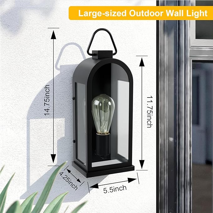 Vintage Outdoor Wall Light Fixtures (2 Pack) - Matte Black Porch Lantern/Exterior Wall Sconce, Glass Shade, Sturdy Metal Frame, Waterproof & Anti-Rust, for Entryway/Garage/Patio/Doorway, E26 Socket