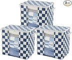 Navy Blue Checkered Clothes Storage Bins, 100L Large Blanket Storage Bags 3 Pack, Closet Organizers and Storage Containers for Comforters, Bedding, Foldable Organizer with Handle