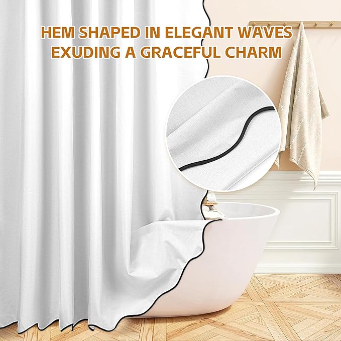 White and Black Scalloped Edge Shower Curtain Linen Textured with 12 Metal Hooks Cute Chic Heavy Duty Washable Waterproof Neutral Thick Shower Curtain Sets for Hotel Bathroom 72x72 inches