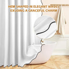 White and Black Scalloped Edge Shower Curtain Linen Textured with 12 Metal Hooks Cute Heavy Duty Washable Waterproof Neutral Thick Extra Long Chic Shower Curtain Sets for Hotel Bathroom 72x84 inches