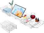 Expandable Drain Bath Caddy Tray for Tub, YOCOMEY Multifunctional Acrylic Bathtub Tray Bathroom Organizer, Simple Bathtub Table Trays Storage Rack for Candle Towel Book Wine Phone Shower(Clear)