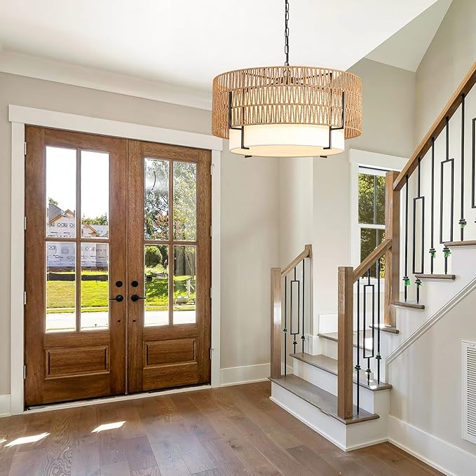 6-Light Large Rattan Chandelier, 25.6" Boho Pendant Light with Fabric Shade, Farmhouse Ceiling Light Fixture Chandelier for Dining Room, Living Room, Bedroom, Kitchen Island, Foyer, Hallway