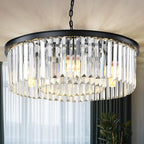 Black Modern Crystal Chandelier, 2-Tier Round Flush Mount Ceiling Light Fixtures Height Adjustable Pendant Lighting for Dining Room Living Room Bedroom Kitchen Hotel Foyer
