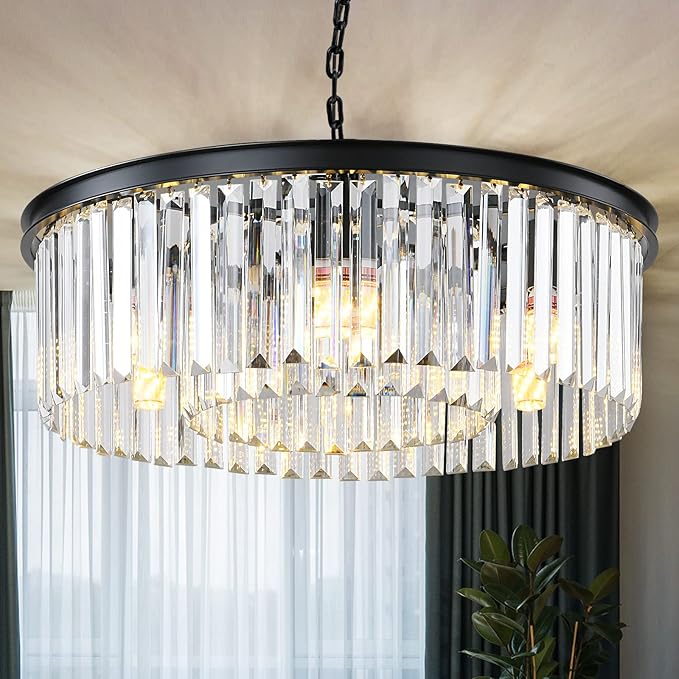Black Modern Crystal Chandelier, 2-Tier Round Flush Mount Ceiling Light Fixtures Height Adjustable Pendant Lighting for Dining Room Living Room Bedroom Kitchen Hotel Foyer