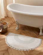Savi Home Half Circle Bohemian Bathroom Rug with Handwoven Chrochet Border, Beautifully Handcrafted 100% Cotton Mat - 22x42, Round Boho Bedroom Rug, Boho Bathroom Décor, Machine Washable - Linen