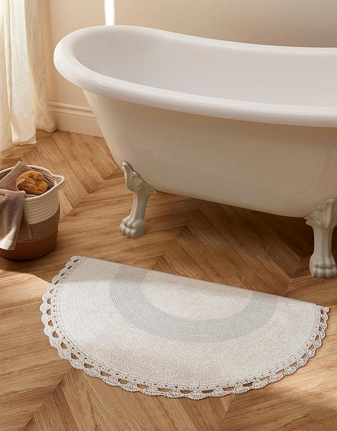 Savi Home Half Circle Bohemian Bathroom Rug with Handwoven Chrochet Border, Beautifully Handcrafted 100% Cotton Mat - 22x42, Round Boho Bedroom Rug, Boho Bathroom Décor, Machine Washable - Linen