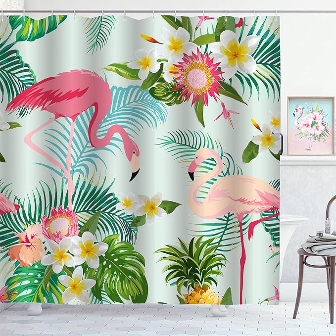 Pink Flamingo Shower Curtain Tropical Floral Leaves Green Summer Shower Curtains for Bathroom Waterproof Polyester Fabric Bath Curtain 72 x 72 Inch with 12 Plastic Hooks