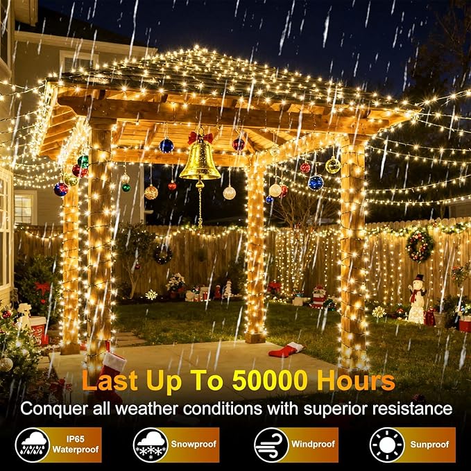 340 LED 90FT Christmas String Lights Outdoor, 12 Pro Modes and Timer Memory & Brightness, Plug in Outdoor Waterproof Clear Wire Twinkle Light for for Xmas Yard Tree Wedding Party Decor (Warm White)