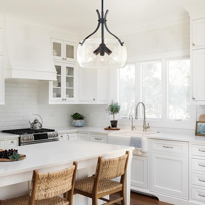 15.7" Large Glass Chandelier, 3-Light Industrial Farmhouse Chandelier, Black Round Pendant Light Fixture with Glass Shade for Dining Room Kitchen Sink Hallway Entryway