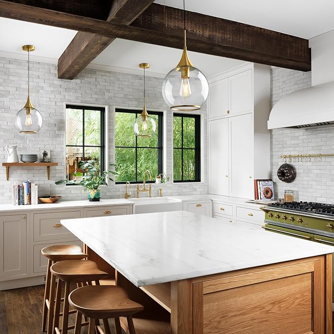 Pendant Lights Kitchen Island: 3 Pack Gold Light Fixture Modern with Clear Glass - 10 Inch Mid Century Globe Kitchen Lighting Fixtures Ceiling for Foyer Bedroom