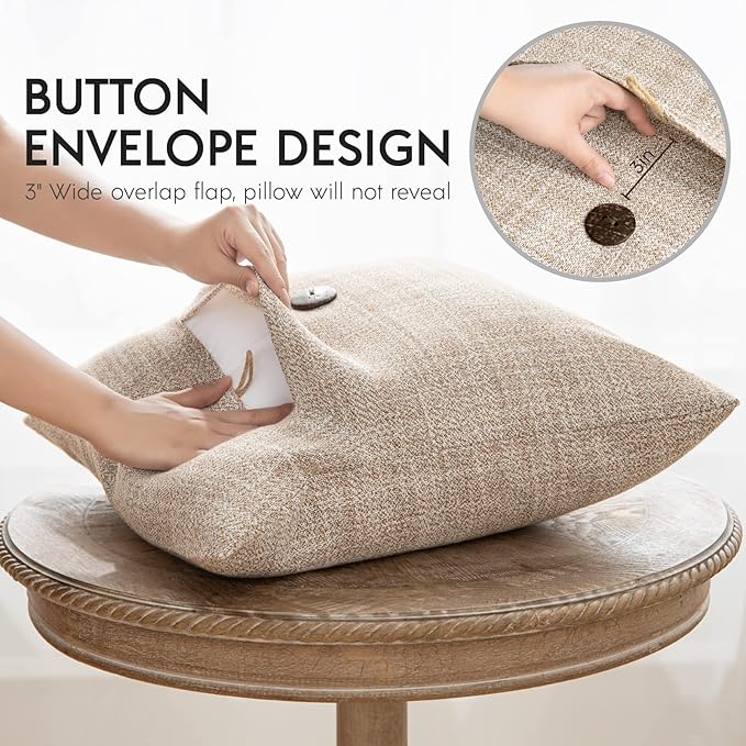 Phantoscope Pack of 2 Farmhouse Throw Pillow Covers Premium Coconut Button Vintage Linen Solid Decorative Pillow Cover for Couch Bed and Chair Beige 12 x 20 inches 30 x 50 cm