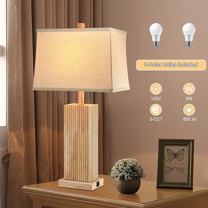 27.5" Wood Table Lamps Set of 2, Modern Farmhouse Bedroom Lamp for Nightstand with USB Charging Port, Natural Wooden Base Table Lamp for Living Room Bedroom, Bulbs Included (Natural Wood)