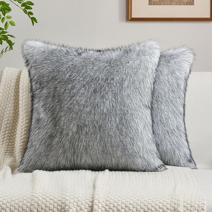 FUTEI White Decorative Throw Pillow Covers 18x18 Inch Set of 2,Soft Faux Raccoon Fur Textured Cushion Case,Modern Home Luxurious Decor for Couch Bed Living Room