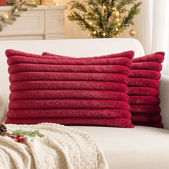 MIULEE Faux Fur Christmas Decorative Throw Pillow Covers 12x20 Inch Set of 2, Modern Spring Home Decor Soft Plush Couch Pillows Cozy Fluffy Cushion Covers for Sofa Bed Burgundy