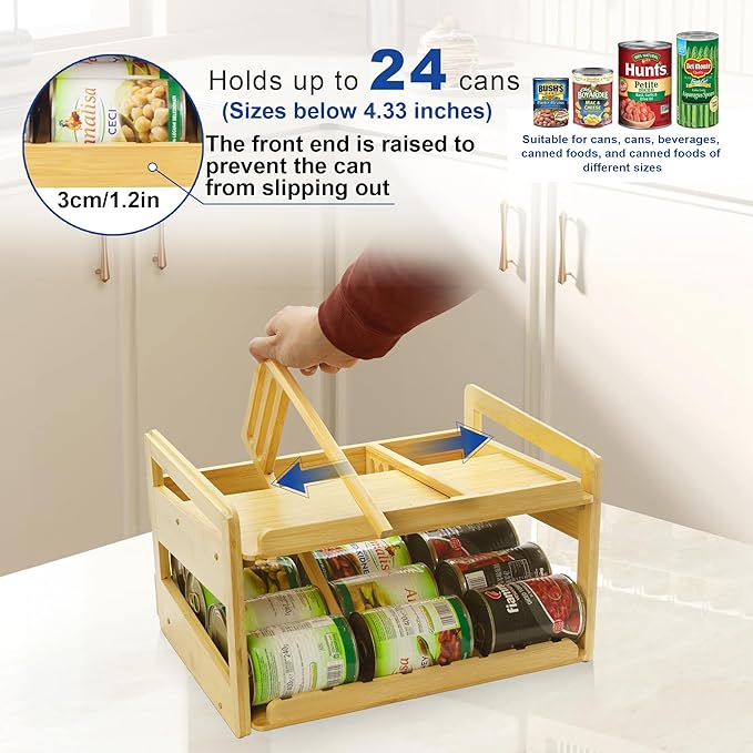 MinBoo Adjustable Can Organizer Rack, Two Tier Bamboo Stackable FIFO Cans Dispenser, Modern Style, Countertop, Assembly Required, Anti Shedding