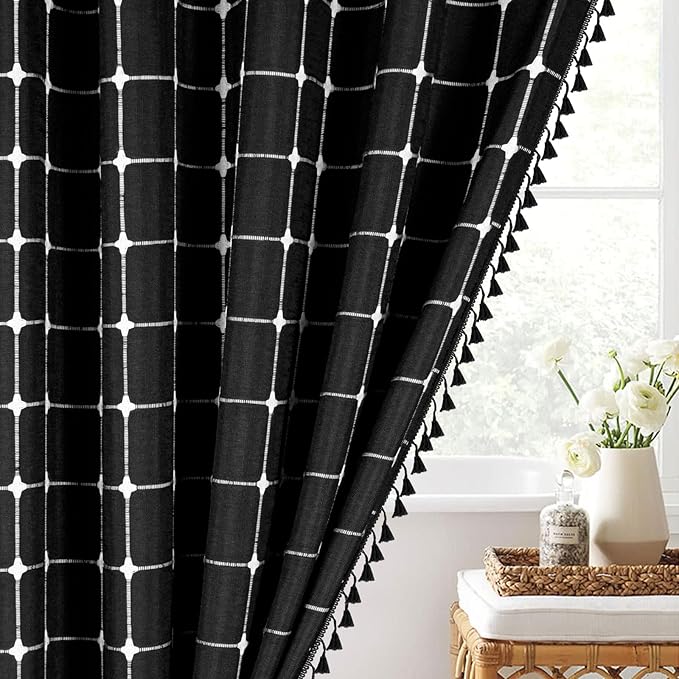 MitoVilla Black Boho Shower Curtains for Modern Farmhouse Bathroom Decor, Vintage Country Thick Polyester Linen Fabric Shower Curtain, Rustic Tassel Cloth Shower Curtain, 72 x 72