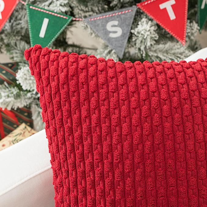 Kevin Textile Christmas Soft Striped Velvet Decorative Pillows Covers 16x16 Inch Set of 2 Boho Cushion Covers for Couch 40x40cm Burgundy