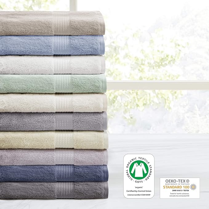 Madison Park Organic 100% Cotton Bathroom Towel Set, Hotel & Spa Quality Highly Absorbent, Quick Dry, Include for Shower, Handwash & Facial Washcloth, Multi-Sizes, Ivory (Pack of 2)