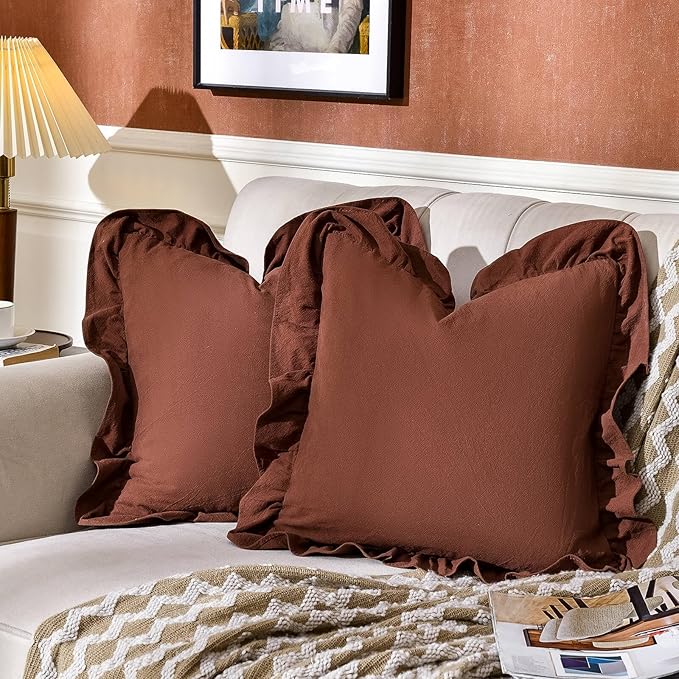 AmHoo Pack of 2 Throw Pillow Covers 100% Cotton Pre Washed Ruffle Decorative Pillowcase Cushion for Couch Sofa Bedroom 20 x 20-Inch Brown