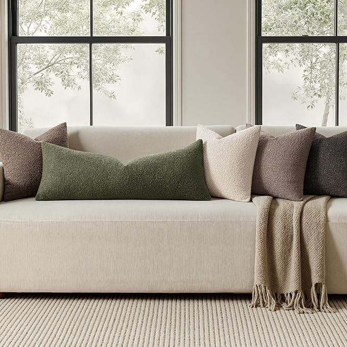 MIULEE Textured Boucle Throw Pillow Cover Olive Green Accent Solid Lumbar Pillow Case Decorative Soft Pack of 1 Couch Cushion Chair Sofa Bedroom Livingroom Home Decor,36x14 Inch