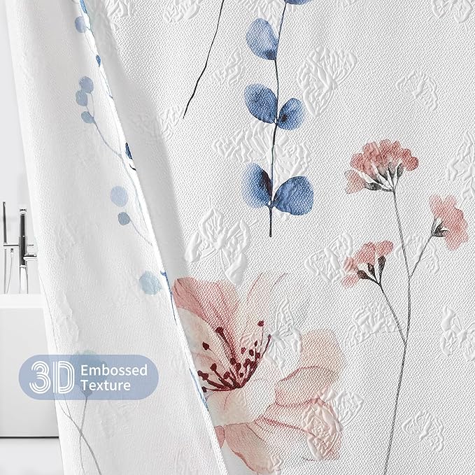 QiyI Extra Long Shower Curtain 72 x 84, Watercolor Floral Bath Curtain, 3D Embossed Butterflies Blue Flower Cloth Bathroom Curtains, Waterproof Fabric Farmhouse Textured Shower Curtain Set with Hooks